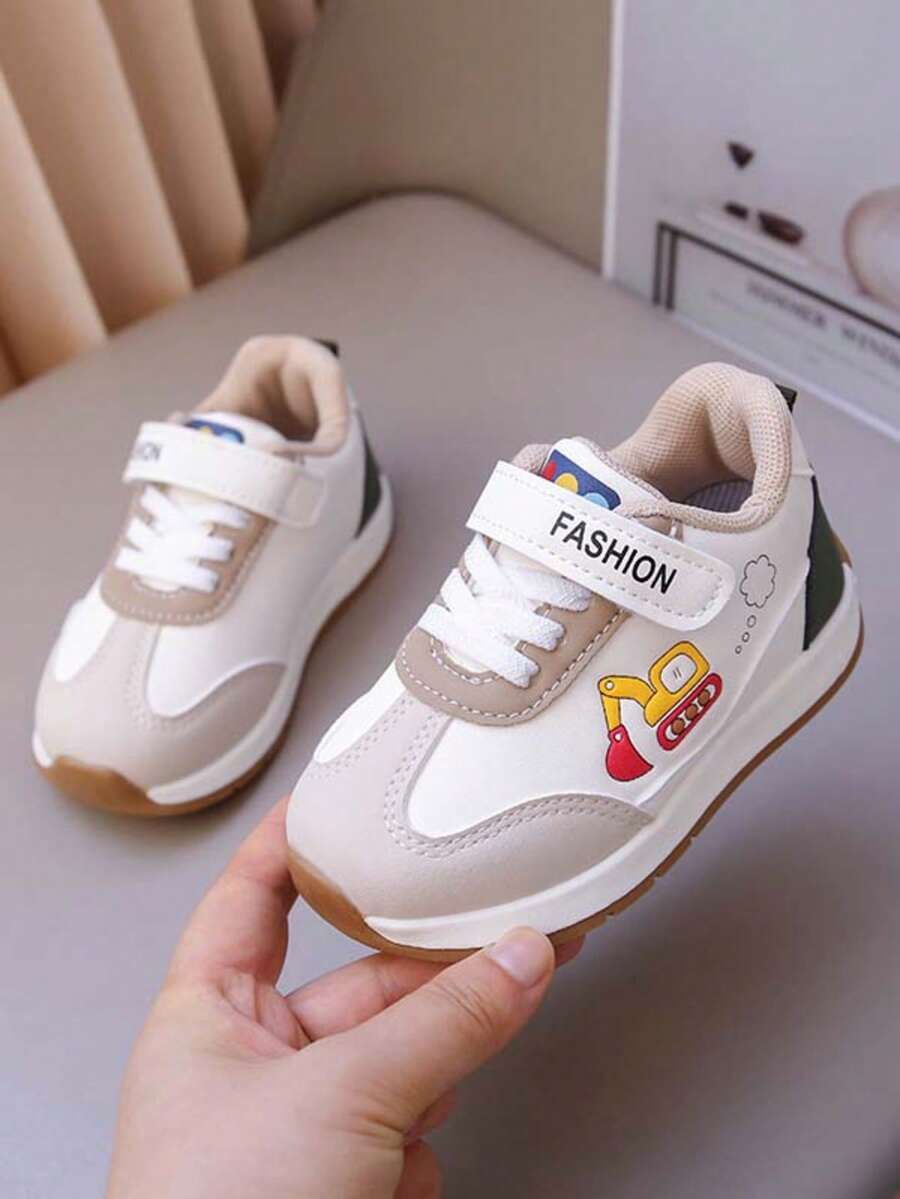 Spring/Autumn New Cartoon Excavator Sports Shoes For Toddlers, Waterproof Leather Upper, Rubber Sole, Hook And Loop, Unisex Versatile Walking Shoes - Beige - View 1