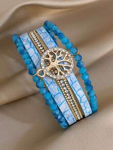 Bohemian Tree Of Life Multi Layer PU Artificial Leather Crystal Beads Diamond Bangle Bracelet For Women,Party,Daily,Christmas,Halloween,Fall Decor - Light Blue - View 4