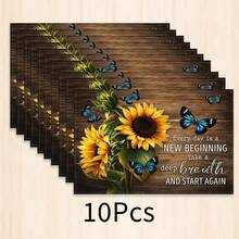 1pc Sunflower Blue Butterfly English Inspirational Quote Print Placemat, Vintage Wood Grain Rectangular Western Style Table Mat, Autumn Pastoral Country Style Table Decor, Kitchen Dining Room Home Desktop Decoration, Bowl Plate Cup Holder Mat - Multicolor - View 13