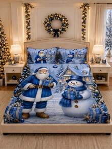 3PCS Christmas Cartoon Snowman & Santa Claus Bed Sheet & Pillowcase Set, (1PC Bed Sheet + 2pcs Pillowcases, Pillow Inserts Not Included,) Polyester Digital Print, Christmas Theme Pattern, Cartoon Warm Christmas Non-Slip Bedding Set, Machine Washable, Bedroom Holiday Home Textile - Multi-color 3 - View 15