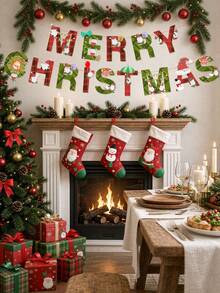2pcs-Merry Christmas Banner, Christmas Plaid Elf Letter Banner Decoration, Snowman Santa Claus Fireplace Decoration Christmas Tree Reindeer Banner Fireplace Mantel Christmas Slogan, Wall Window Decoration, Suitable For Christmas Decoration, Fireplace Embellishment, Background Wall Arrangement And Christmas Holiday Party Scenes - Multiple Styles - View 1