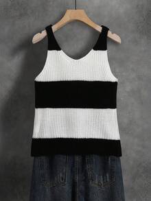 Damen gestreifte Strickweste, elegantes lässiges Top für Alltag, Date, Reisen & Urlaub, Frühling Sommer Strand - Schwarz und Weiss - Übersicht 5