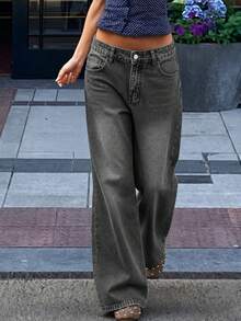 Women's Casual Extra Long Wide Leg Denim Jeans, With Zipper And Pockets, Non-Stretch, Y2K Retro Style - Grey - View 3