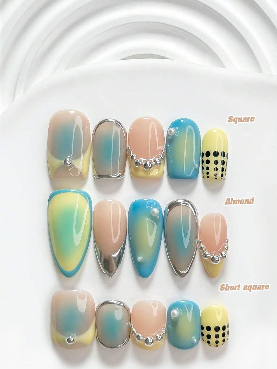 10片韓式海灘風手工穿戴甲,Polygel美甲套組,珍珠與金屬珠飾圖案,藍黃配色,時尚設計,含美甲工具,3種尺寸可選,方型/短方型/杏仁形,適合派對、跳舞、日常穿戴 - 彩色 - 查看 1