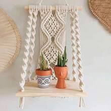 Prateleira de Armazenamento de Parede Tecida à Mão Estilo Boêmio, Estante de Livros, Prateleira de Exibição de Plantas em Vasos, Decoração de Parede de Armazenamento para Sala de Estar de Pousada - Bege de camada única - Visão 5