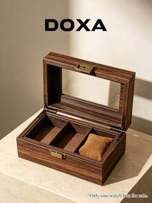 DOXA Vintage Wood Grain 3-Slot Watch Storage Box, Brass Hardware Transparent Window Velvet Lining Watch Display Box - Brown - View 3