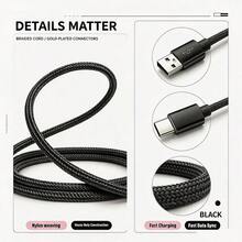 3pcs USB A To Type-C Nylon Braided Fast Charging Data Cable, Wear-Resistant Charging Cable, 1-3m Optional, Compatible With Samsung, , And Other Android Type-C Phones, Suitable For Car And Indoor Use, Halloween Gift Choice - Black - View 3