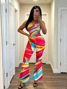 DVSLOE Women's Y2K Sexy Shiny Gradient Print Spaghetti Strap Jumpsuit, High Waist Flare Leg, Suitable For Summer Autumn Party, Night Street Photography And Beach Wear - Red - View 5