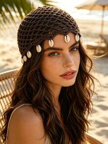 1pc Boho Hollow Crochet Hair Cap With Natural Cowrie Shell Tassels,Women Mesh Knit Turban Hat,Suitable For Everyday Outings Head Vacation For Beach - Multicolor - View 1