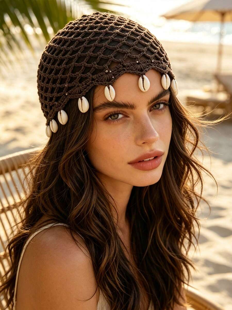 1pc Boho Hollow Crochet Hair Cap With Natural Cowrie Shell Tassels,Women Mesh Knit Turban Hat,Suitable For Everyday Outings Head Vacation For Beach - Multicolor - View 1