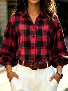 Women's Red Plaid Bishop Sleeve Woven Shirt With Button Front, Classic Fall Sty - Red and Black Plaid - View 5
