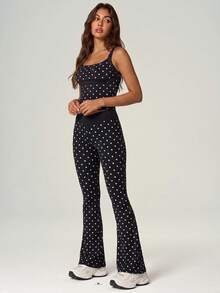 UONNOU 2pcs Polka Dot Square Neck Criss-Cross Strap Tank Top + Criss-Cross Waist Flare Pants Sports Set - Black - View 5