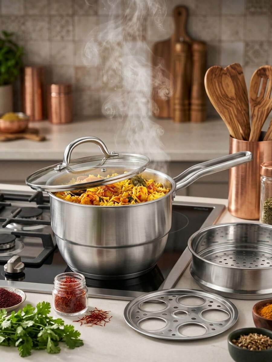 MiLaiWP 4-Piece Stainless Steel Kitchen Cookware Set, Including 1 Milk Pot And 1 Pot With Lid And Steamer Basket For Cooking, Ideal Gift For Women, Mothers, Families And Friends, Suitable For Home Kitchen Use, Back To School Season - View 1