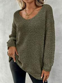 Plus Size Solid Color Crew Neck Casual Long Sleeve Knit Sweater Vacation - Army Green - View 1