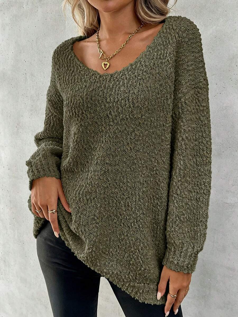 Plus Size Solid Color Crew Neck Casual Long Sleeve Knit Sweater Vacation - Army Green - View 1