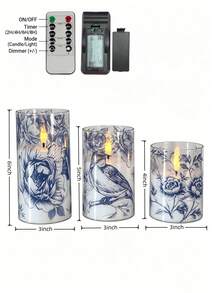 Blue & White Floral Bird Porcelain Electronic Candles LED Simulated Flame Candles With Remote Control Timer 3pcs Set Smokeless Electronic Candles For Holiday Party / Wedding Decor / Home Atmosphere Decoration - Warm White Light - View 13