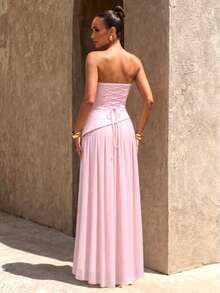 UNITHORSE Women's Strapless Chiffon & Satin Patchwork Evening Gown With Draped Flaps, Lace-Up Waist, And Slit - Baby Pink - View 3