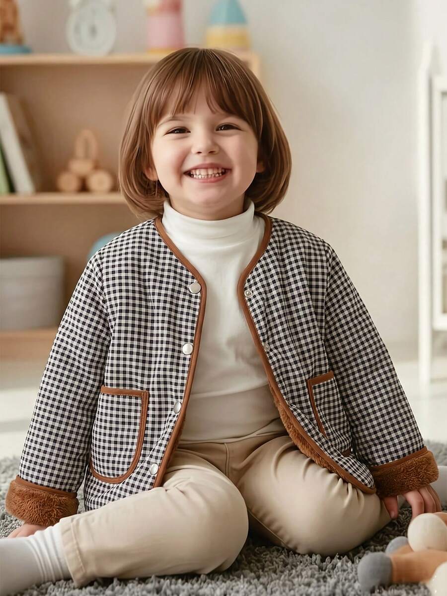 Girls' Casual Fashion Plaid Round Neck Snap Button Design Thermal Lined Thick Jacket, Autumn/Winter - Coffee Brown - View 1