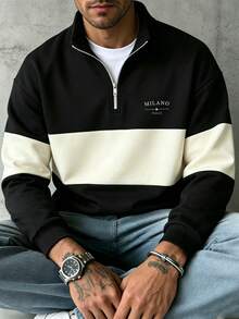 Men's Autumn/Winter Casual Fashion Versatile Color-Block Minimalist "MILANO" Print Comfortable Half-Zip Long Sleeve Sweatshirt - Black - View 4