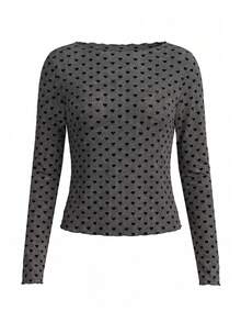 Women's Gray Heart Pattern Long Sleeve Crew Neck Knit Top - Black - View 9