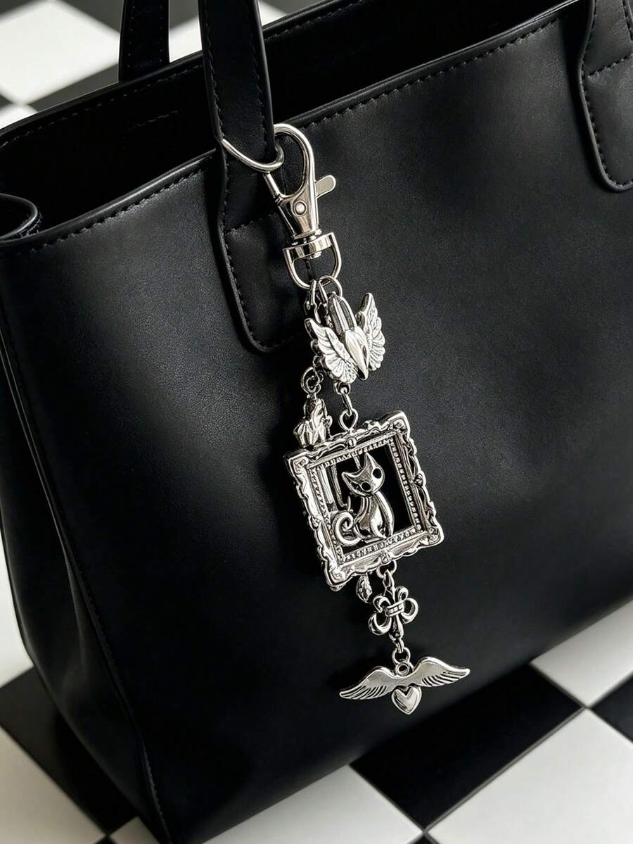 Gothic Cross, Heart-Shaped Wings, Keychain, Multi-Element Key Ring, Vintage Cat, Personalized Bag Pendant, Accessory - Silver - View 1