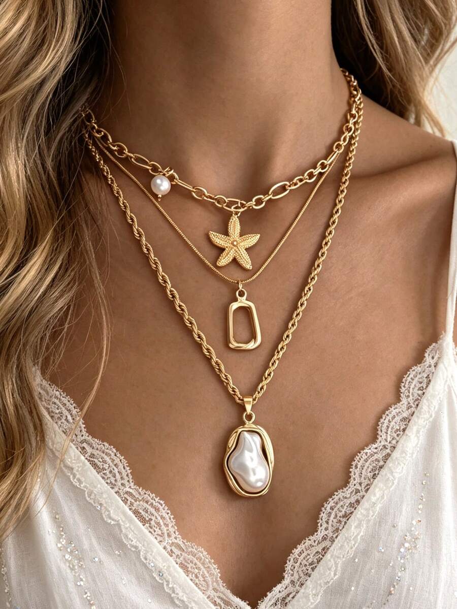 3pcs Multi-Layer Stackable Fashion Minimalist Elegant Exquisite Vintage Design Geometric Starfish Asymmetrical Square Faux Pearl Minimalist Plain Chain Pendant Necklace Set, Holiday Vacation Party Date Gift, Daily Commute Wear, Personalized Bohemian Style - Yellow Gold - View 1