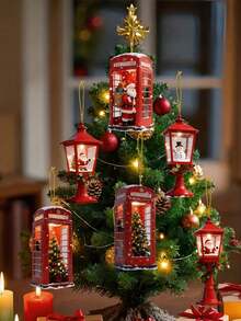 2D Flat Wooden Christmas Hanging Decor, Red London Telephone Booth & Street Lamp Pendant, Christmas Decoration, Santa Claus Snowman Mini Christmas Tree Ornament, Winter Holiday Window & Door Hanging Sign, Festive Wooden Christmas Tree Home Party Gift Decor - Multicolor - View 2