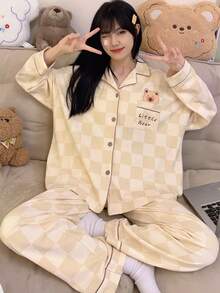 2pcs/Set Women's Pajamas Homewear Set, Lapel Cardigan Cute Pattern Print Decor Long Sleeve Cropped Pants, Suitable For All Seasons - Champagne - View 1
