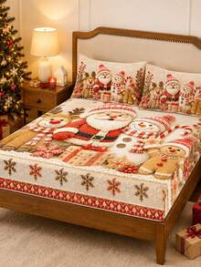 3pcs Christmas Cartoon Santa Claus Snowman Reindeer Print Bedding Set, (1PC Fitted Sheet + 2pcs Pillowcases, Pillow Inserts Not Included,) Polyester Digital Print, Cute Snowman Santa Claus Reindeer Penguin Theme Bedroom Decor, Machine Washable, Bedroom Holiday Home Textiles - Multi-color 1 - View 11