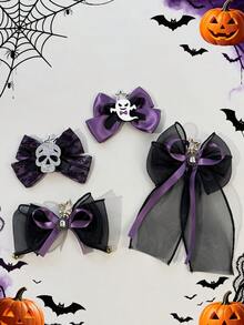 1pc Halloween Themed Satin Bow Hair Clip With Ghost, Skull, Star Decor, Mesh Ribbon Design, Back To School, Travel, Photo Shoot, Dark Aesthetic Style Accessory - Multicolor - View 4
