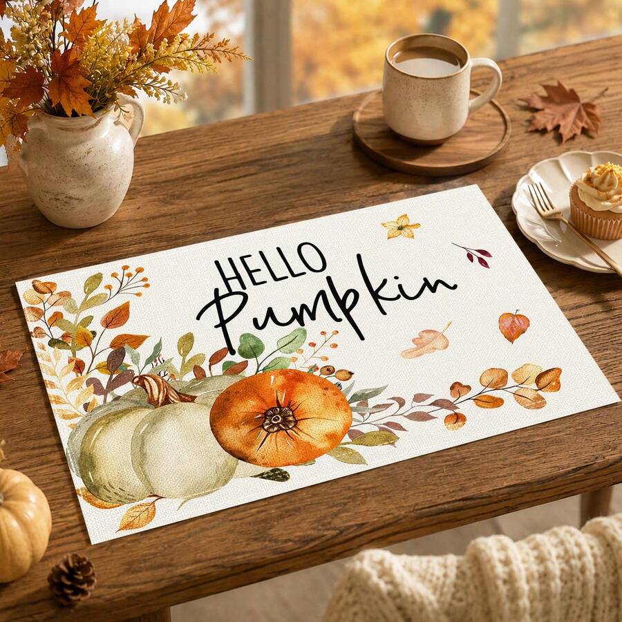 1件裝秋季南瓜楓葉植物印花仿亞麻餐墊,Hello Pumpkin長方形餐盤墊,適用於居家廚房、餐廳、感恩節派對與豐收季節餐桌裝飾 - 彩色 - 查看 1