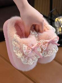 Girls' Indoor Fuzzy Slippers, Princess Style Closed-Toe Slippers For Toddlers, Young Children And Older Kids, Autumn/Winter Bedroom Wear - Pink - View 5