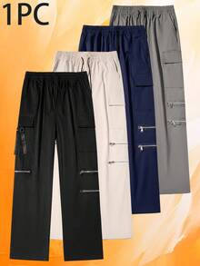 Men Cargo Pants, Solid Color Straight Leg Work Pants With Multi Pockets And Zipper Decor, Casual Drawstring Waist Trousers - Black - View 5