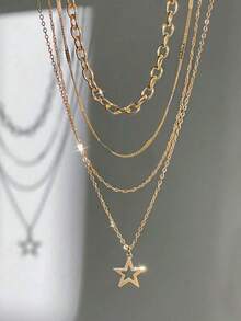 4pcs/Set Fashion Gold Vintage Minimalist Star Pendant Chain Necklace Jewelry Set - Gold - View 5