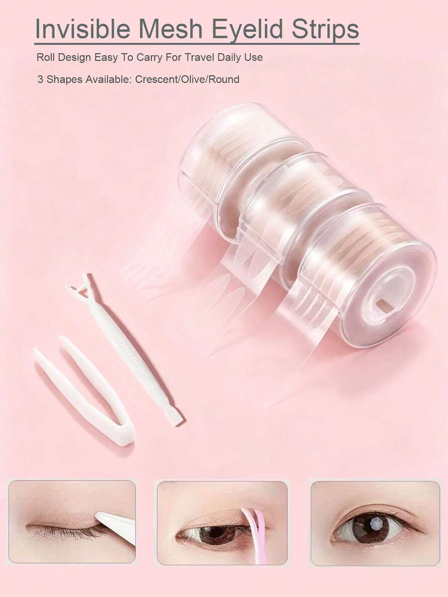 3 Styles (1200pcs) Mesh Double Eyelid Stickers, Waterless Invisible Shaping Patches, Instant Lift Eyelid Tape, With Y-Shaped Tweezers, Suitable For Droopy Eyelids, Portable Travel Makeup Accessory, For Women - Nude - View 1