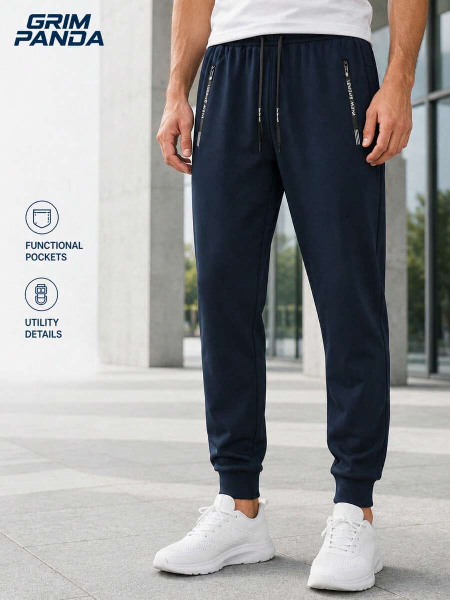 GRIM PANDA Men's Lightweight Sports Pants With Zipper Pockets, Suitable For Fitness, Running, Gym, Training, 1pc Outdoor Pants, Men's Casual Pants - Blue - View 1
