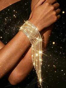 Fashionable Elegant Rhinestone Long Tassel Bracelet, Women's Personalized Hand Accessory - Gold - View 3