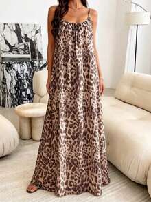 1pc Women's Leopard Print Camisole Dress Loungewear Sleepwear - Brown - View 4