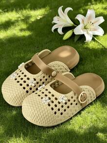 2026 Summer New Women's Apricot Woven Closed-Toe Sandals, Pearl Flower Decor Closed-Toe Sandals, Mary Jane Mule Slippers, Beach Shoes - Apricot - View 5