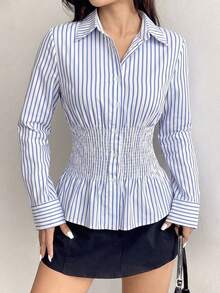 SwallowLucky Women's Autumn Blue & White Striped Button-Up Shirt With Ruffles And Flounce Hem (Y2K Style) - Blue and White - View 5