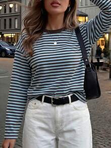 Women Blue Brown Striped Drop Shoulder Long Sleeve Crew Neck T‑Shirt, Casual Basic Loose Tops For Daily Going‑Out Fall Street Vacation Outfits - Blue-brown - View 10