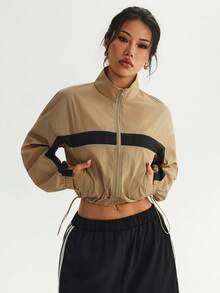 Women Horizontal Contrast Stripe Zip‑Up Crop Daily Casual Sports Jacket - Khaki - View 4