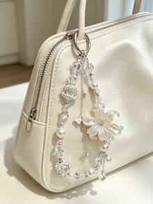 1pc White Lily Pearl Beaded Keychain With Crystal Butterfly Pendant, Delicate Handbag Charm For Girls - Multicolor - View 3