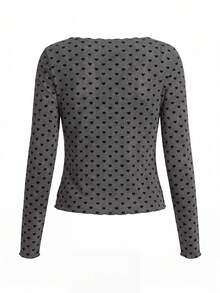 Women's Gray Heart Pattern Long Sleeve Crew Neck Knit Top - Black - View 10
