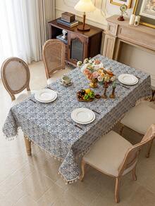 MineLain 1pc Bohemian Vintage Blue And White Porcelain Floral Tassel Tablecloth, Rectangular Tablecloth, Round Table, Coffee Table, Bedside Cabinet, Small Square Table Cover, Washable, Suitable For Home Living Room, Kitchen, Dinner Party, Holiday Party, Garden, Tea Party, Outdoor Picnic Decoration, All Seasons, Autumn Decor - Multicolor - View 22