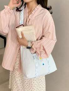 開學季甜美大容量極簡鈕扣裝飾女款單肩斜挎包，小眾時尚百搭設計，可愛甜美女孩風 - 淺藍色 - 查看 5