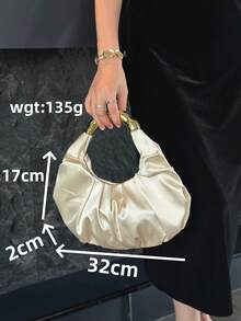 女款晚宴手拿包，百褶圓形波希米亞風包，純色緞面布料，金屬環手柄，奢華手提包，適用於婚禮、派對、正式場合 - 香檳色 - 查看 12