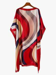 1pc Women's Elegant Minimalist Premium Geometric Wave Morandi Color Block Print Chiffon Pullover Long Robe Shirt, Summer Outdoor Casual Travel Versatile Sun Protection Cover-Up Shawl - Multicolor - View 7