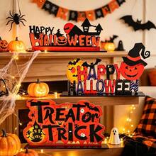 1 pieza/3 piezas Letreros de madera con temática de Halloween, Decoración de escritorio con letras Feliz Halloween & Truco o , Patrón de calabaza, murciélago, castillo, luna y bruja, Decoraciones de Halloween, Decoración de fiesta, Decoración del hogar, Regalo de Halloween, Regalo festivo, Decoración de habitación - Víspera de Todos los Santos - Ver 11