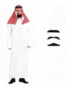 1 Set Role Play Costume Outfit, White Robe With Headscarf And Fake Beard, Suitable For Halloween, Party, Stage Performance - Red and White - View 3